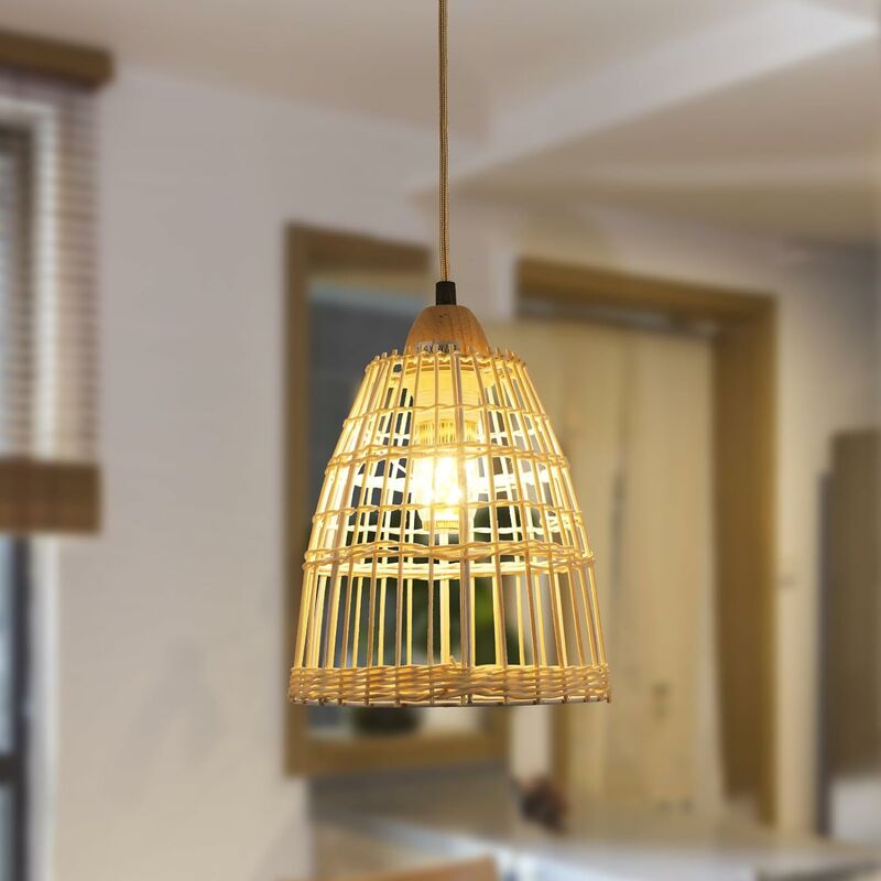 Image of Goeco - Sospensione di illuminazione semplice, lampada sospesa Rattan Rattan Day E27, lampadario intrecciato per camera da letto, soggiorno, cucina,
