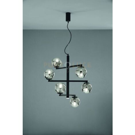 SOSPENSIONE GIZAH NERO VETRI FUME' 6 LUCI ATTACCO E14 PIU' LED INTEGRATO 5W 420LM