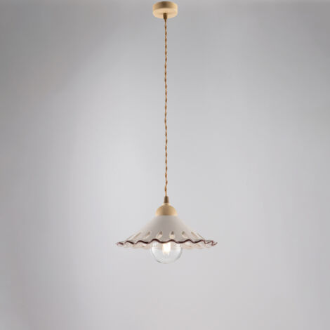 Sospensione in ferro laccato avorio e decorazione effetto decapè con diffusore in ceramica diametro 30 bianco e marrone con cavo elettrico ricoperto in tessuto intrecciato regolabile 1 luce H.15 - MAX