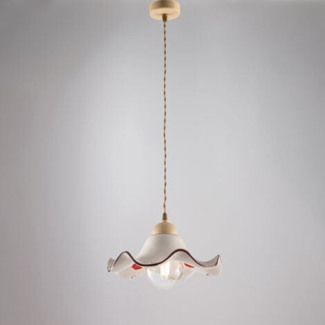 Sospensione in ferro laccato avorio e decorazione effetto decapè con diffusore in ceramica diametro 30 bianco e marrone con cavo elettrico ricoperto in tessuto intrecciato regolabile 1 luce H.16 - MAX
