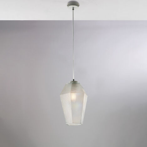 Sospensione in ferro laccato bianco con cavo elettrico regolabile e diffusore in vetro soffiato trasparente con decoro in rilievo 1 luce H.35 - MAX 135 - Ø20