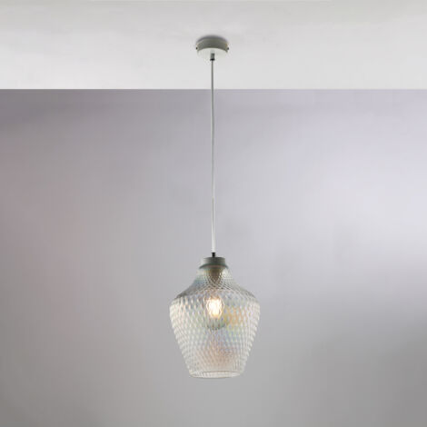 Sospensione in ferro laccato bianco con cavo elettrico regolabile e diffusore in vetro soffiato trasparente con decoro in rilievo 1 luce H.35 - MAX 135 - Ø21