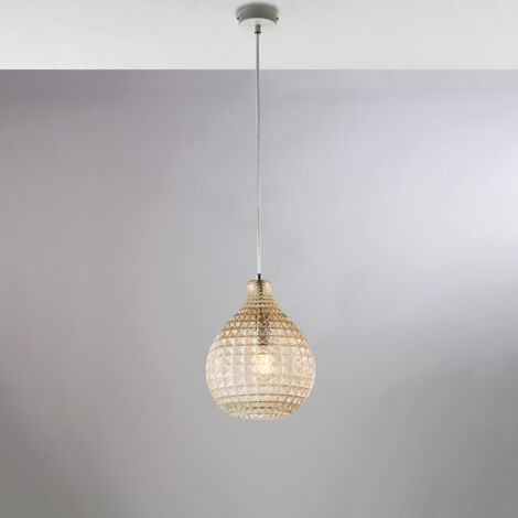 Sospensione in ferro laccato bianco e montatura cromo con cavo elettrico regolabile e diffusore in vetro soffiato ambra con decoro effetto cristallo 1 luce H.32 - MAX 132 - Ø21