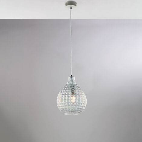 Sospensione in ferro laccato bianco e montatura cromo con cavo elettrico regolabile e diffusore in vetro soffiato trasparente con decoro effetto cristallo 1 luce H.32 - MAX 132 - Ø21