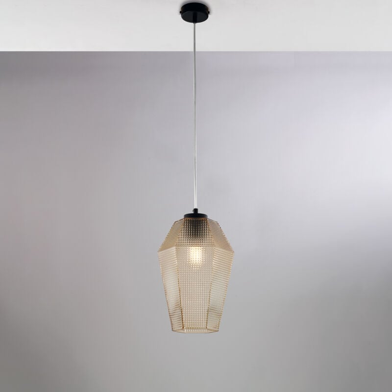 Belight - Sospensione in ferro laccato nero con cavo elettrico regolabile e diffusore in vetro soffiato ambra con decoro in rilievo 1 luce H.35 - max