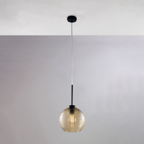 Sospensione in ferro laccato nero con cavo elettrico regolabile e diffusore in vetro soffiato ambra con rigatura in rilievo 1 luce H.41 - MAX 141 - Ø20