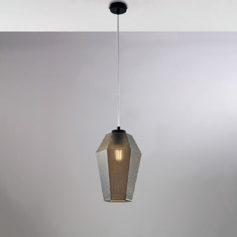 Sospensione in ferro laccato nero con cavo elettrico regolabile e diffusore in vetro soffiato grigio specchiato con decoro in rilievo 1 luce H.35 - MAX 135 - Ø20