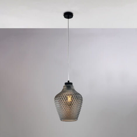 Sospensione in ferro laccato nero con cavo elettrico regolabile e diffusore in vetro soffiato grigio specchiato con decoro in rilievo 1 luce H.35 - MAX 135 - Ø21