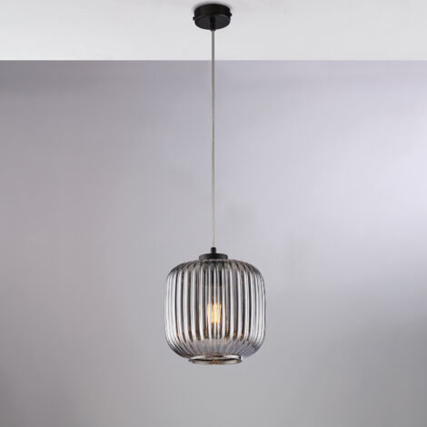 Sospensione in ferro laccato nero con cavo elettrico regolabile e diffusore in vetro soffiato grigio specchiato con decoro rigatura in rilievo 1 luce H.25 - MAX 125 - Ø20