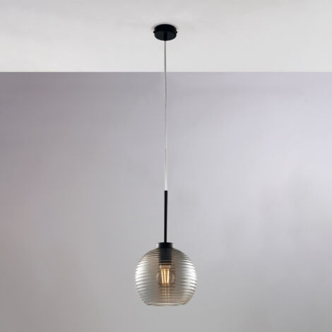 Sospensione in ferro laccato nero con cavo elettrico regolabile e diffusore in vetro soffiato grigio specchiato con rigatura in rilievo 1 luce H.41 - MAX 141 - Ø20