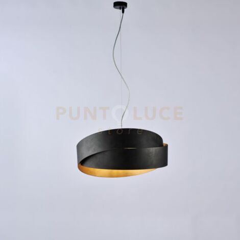 Sospensione in ferro laccato nero con con decorazione esterna nera e decorazione interna oro antico e cavo in acciaio regolabile 2 luci