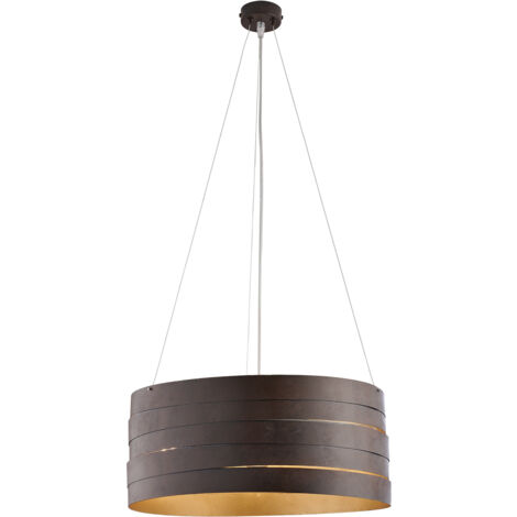 Sospensione in ferro laccato nero con decorazione esterna effetto ruggine e decorazione interna oro antico con cavi acciaio regolabili 3 luci