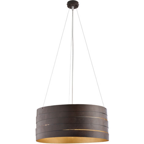 Sospensione in ferro laccato nero con decorazione esterna effetto ruggine e decorazione interna oro antico con cavi acciaio regolabili 3 luci