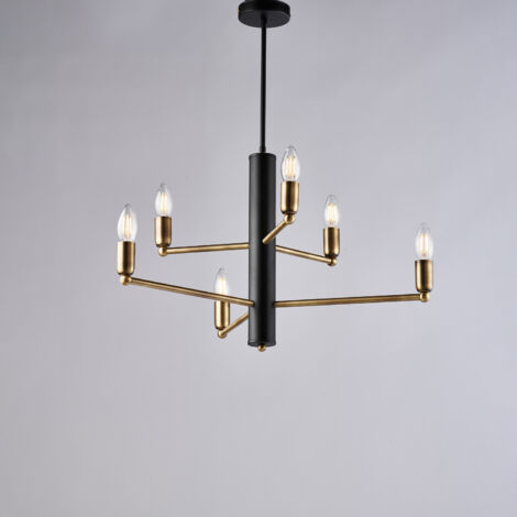 Sospensione in ferro laccato nero con finiture ottone brunito spazzolato 6 luci H.66 - Ø53