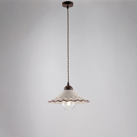 Sospensione in ferro laccato nero e decorazione effetto ruggine con diffusore in ceramica diametro 30 bianco e marrone con cavo elettrico ricoperto in tessuto intrecciato regolabile 1 luce H.15 - MAX