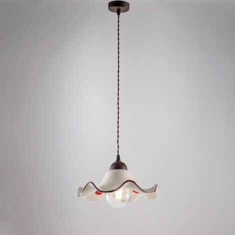 Sospensione in ferro laccato nero e decorazione ruggine con diffusore in ceramica diametro 30 bianco e marrone con cavo elettrico ricoperto in tessuto intrecciato regolabile 1 luce H.16 - MAX 91 - Ø30