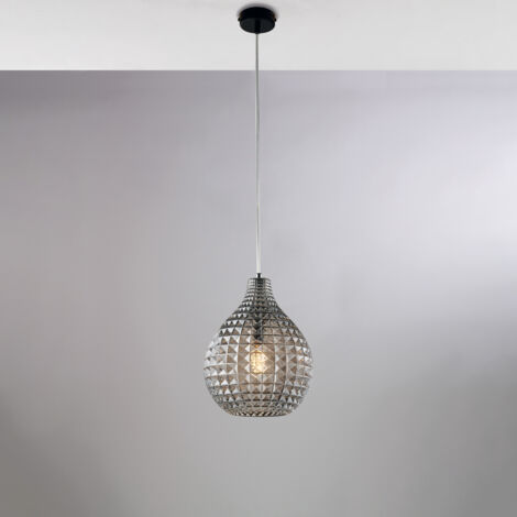 Sospensione in ferro laccato nero e montatura cromo con cavo elettrico regolabile e diffusore in vetro soffiato grigio specchiato con decoro effetto cristallo 1 luce H.32 - MAX 132 - Ø21