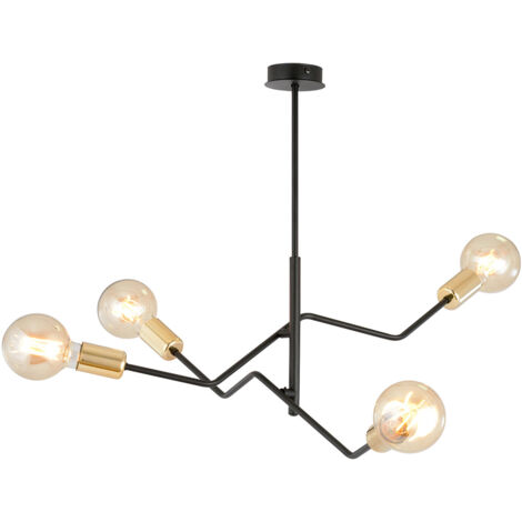 Sospensione Industrial 4 Luci Temi In Acciaio Nero E Oro Bracci Regolabili