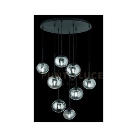 SOSPENSIONE JEWEL 8 LUCI NERO VETRO FUME' ATTACCO E14 VETRO D.15-17CM