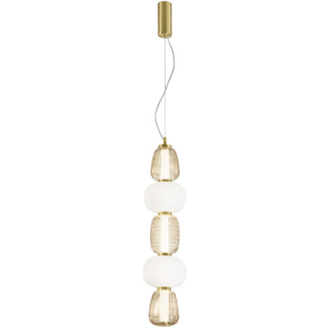 "Sospensione LED TOTEM in metallo oro con cinque diffusori bianchi e ambra 36W 3000K"