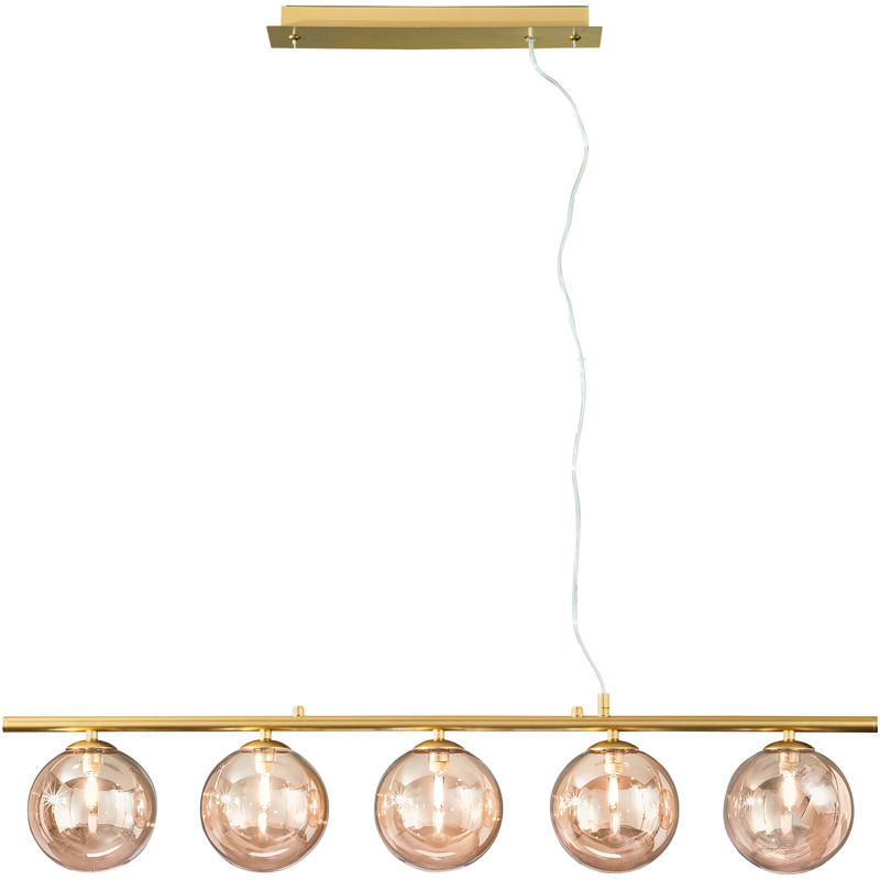 Image of Sospensione lineare honey in metallo ottone con cinque diffusori champagne - Oro