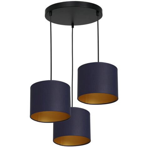 Sospensione Luminex Arden nera 3 luci, paralumi blu oro