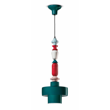 Sospensione Media Tonda Vintage Decò Lariat Ceramica Verde Petrolio 1 Luce E27