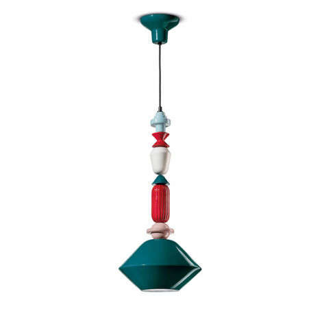 Sospensione Media Vintage Decò Lariat Ceramica Verde Petrolio 1 Luce E27
