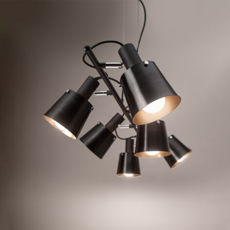 Sospensione Megafono 6 luci in metallo colore nero e oro attacco E27 orientabili