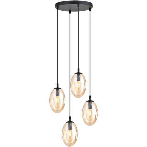 Sospensione Minimal 4 Luci Atalanta Acciaio Nero E Vetro Ambra