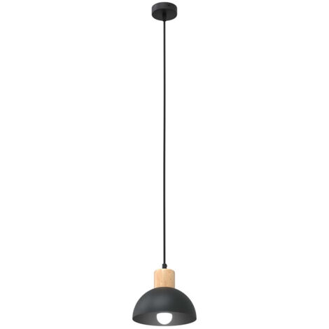 Sospensione Nordica 1 Luce Seco In Acciaio Nero A Cupola E Legno Naturale