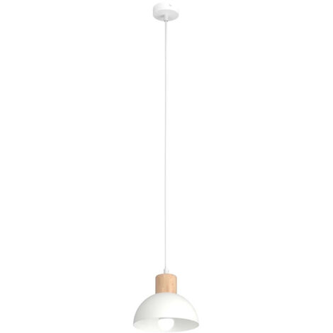 Sospensione Nordica 1 Luce Thoth In Acciaio Bianco A Cupola E Legno Naturale