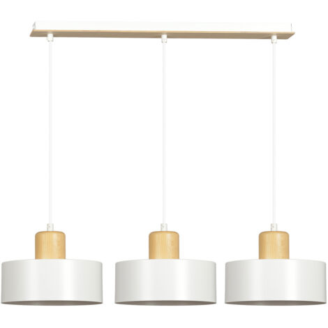 Sospensione Nordica 3 Luci Surya In Acciaio Bianco E Legno