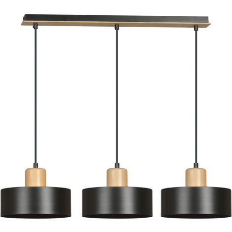 Sospensione Nordica 3 Luci Surya In Acciaio Nero E Legno