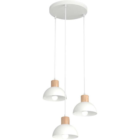 Sospensione Nordica 3 Luci Thoth Base Tonda In Acciaio Bianco E Legno Naturale