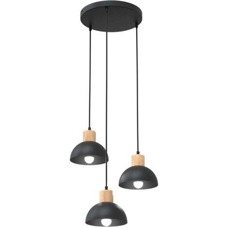 Sospensione Nordica 3 Luci Thoth Base Tonda In Acciaio Nero E Legno Naturale