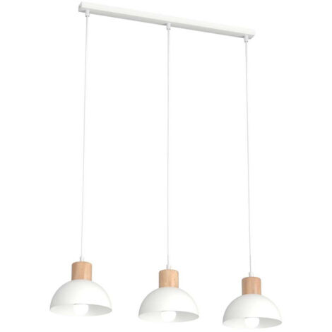 Sospensione Nordica 3 Luci Thoth In Acciaio Bianco A Cupola E Legno Naturale