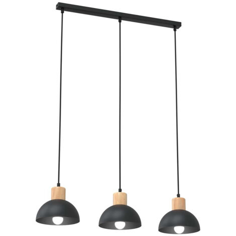 Sospensione Nordica 3 Luci Thoth In Acciaio Nero A Cupola E Legno Naturale