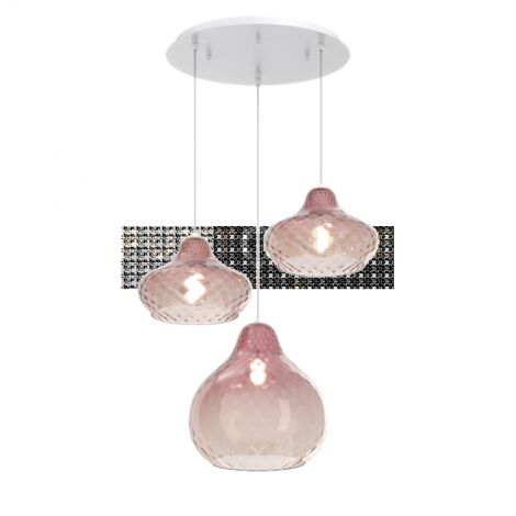 SOSPENSIONE OTTONE SATINATO 3 LUCI TONDA VETRI PICCOLI RUBINO 1191OS-S3 TP-RU