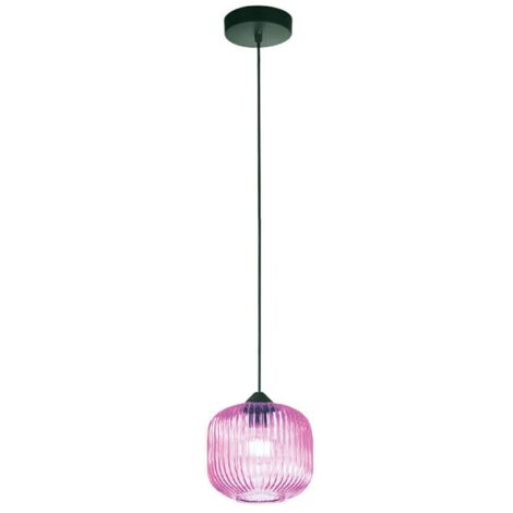 Sospensione Ovale Alta Moderna Plisse Rosa 1 Luce E27 In Vetro Rigato