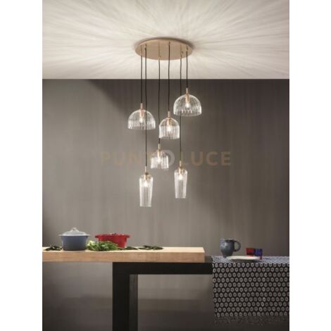 SOSPENSIONE PUCK BASE ORO VETRI TRASPARENTI 6 LUCI ATTACCO E14 D.60CM