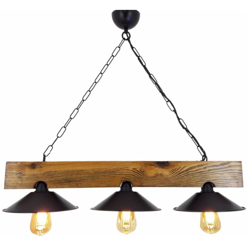 Image of Sospensione rustica con 3 lampade in legno e nera enola