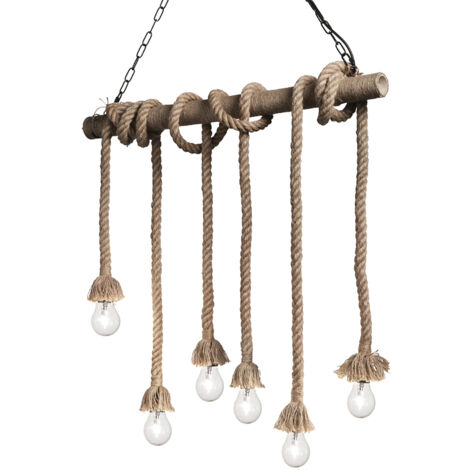 Sospensione Rustica-Country Canapa Metallo Marrone Tessuto Marrone 6 Luci E27