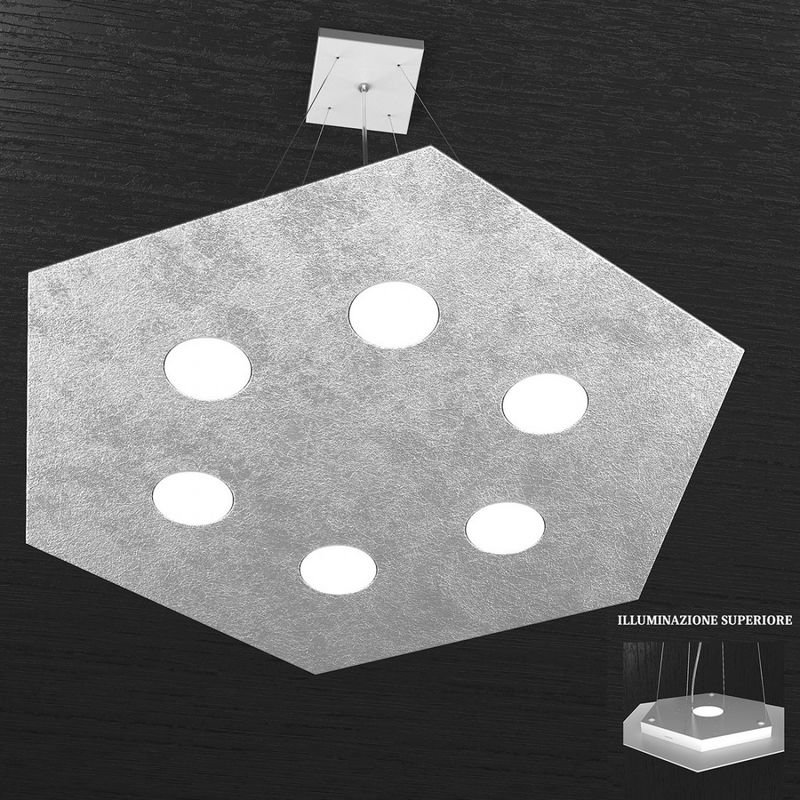Image of Lampadario moderno top light hexagon 1142 sg+1 gx53 led metallo sospensione, finitura metallo foglia argento - Foglia argento