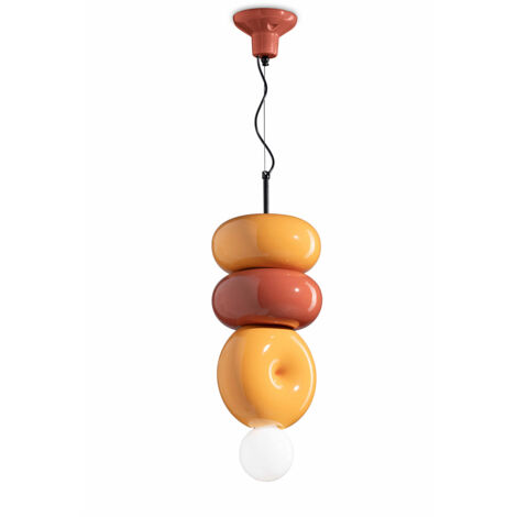 Sospensione Vintage Decò Bumbum 2+1 Elementi Ceramica Gialla Arancio 1 Luce E27