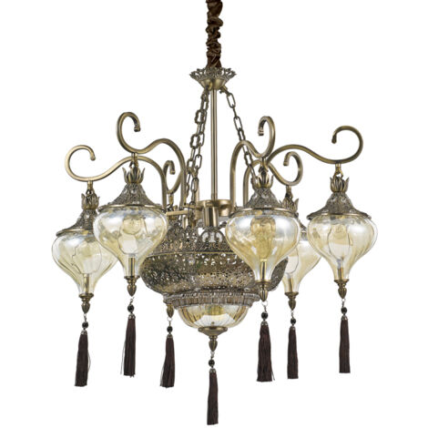 Sospensione Vintage-Decò Harem Metallo Ottone Brunito 9 Luci E27