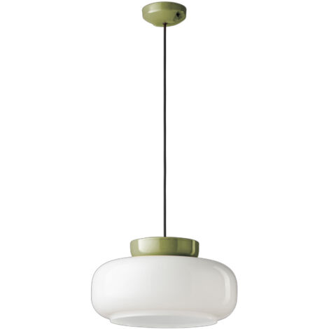 Sospensione Vintage Decò Maracana Vetro-Ceramica Bianco Verde Salvia 1 Luce E27