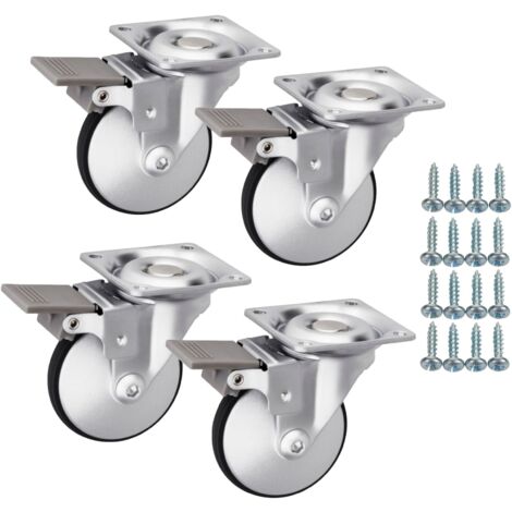 SOTECH 4 Stück Möbelrollen LINDAU Ø 50 mm silbergrau/schwarz mit Bremse (Feststeller) inkl. Schraubenset Belastbarkeit bis 120 kg (30 kg pro Lenkrolle)