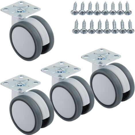 SOTECH 4er Set Möbelrolle Hamm Ø 63 mm Höhe 74,5 mm, weiß/grau, 35Kg Tragkraft, Anschraubplatte 47 x 47 mm, ohne Bremse, Transportrolle Lenkrolle inkl. Befestigungsschrauben