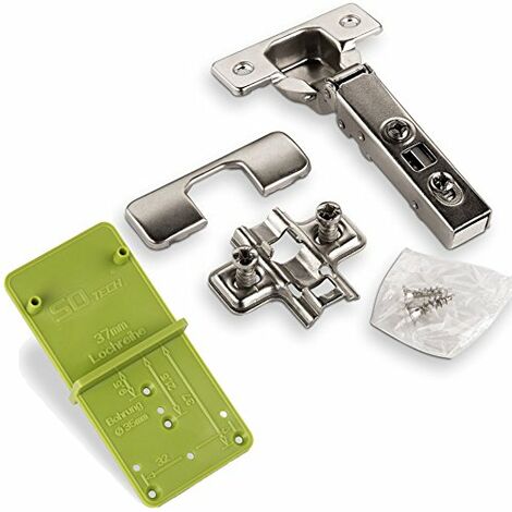 SOTECH Topfband T45 Eckanschlag 110° Automatikscharnier mit Schnellmontage - Technik, Schließautomatik und Dämpfer inkl. Ankörnschablone EasyGreen